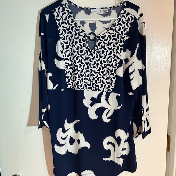 Susan Graver Liquid Knit Printed 3/4 Sleeve Tunic navy Blue large - Picture 1 of 5